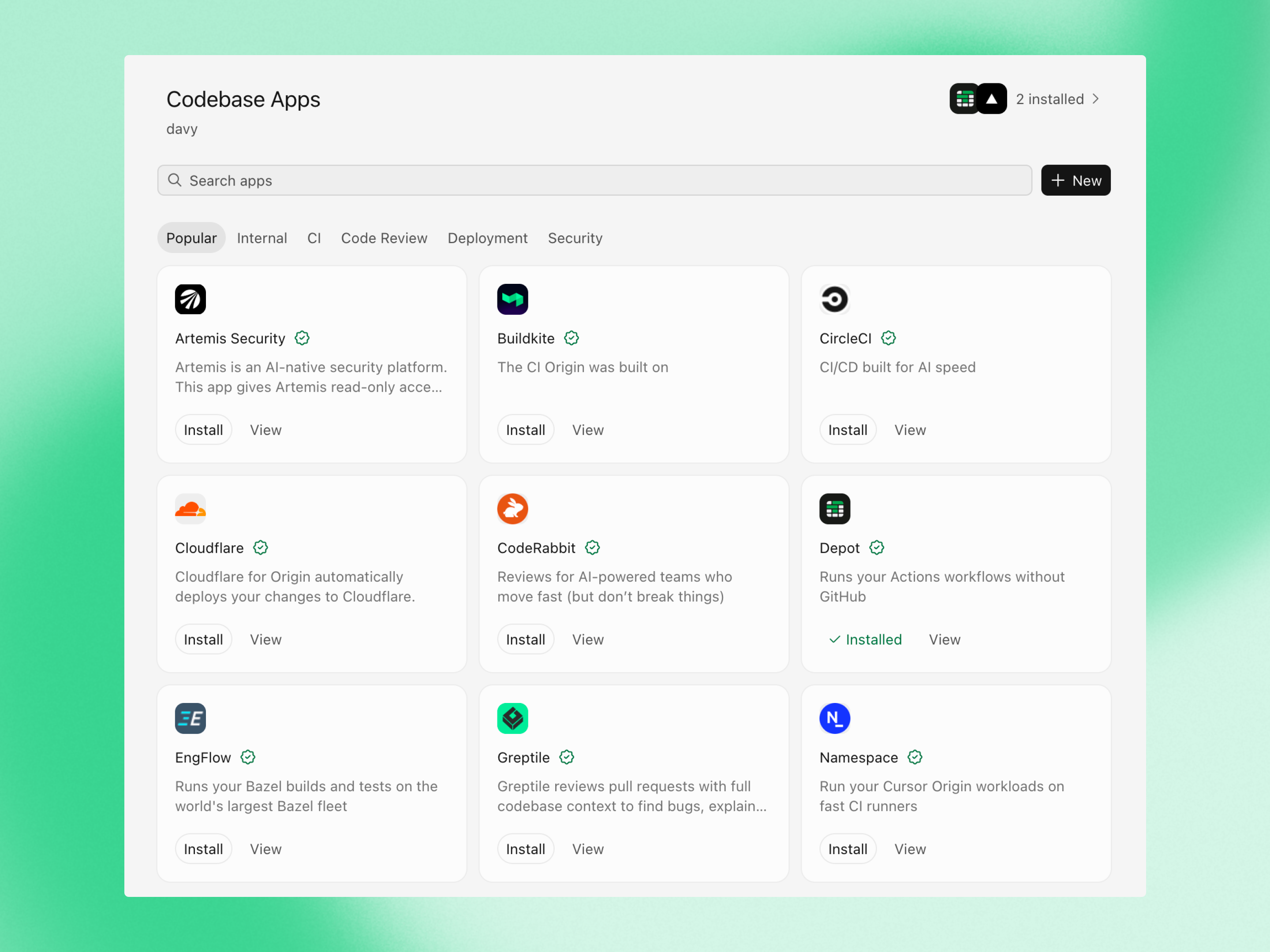 Catálogo de Origin con aplicaciones para seguridad, revisión de código y despliegue.