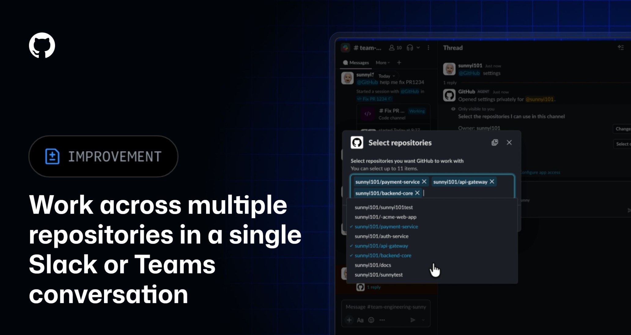 Ilustración de GitHub con selector de varios repositorios en Slack y Teams.